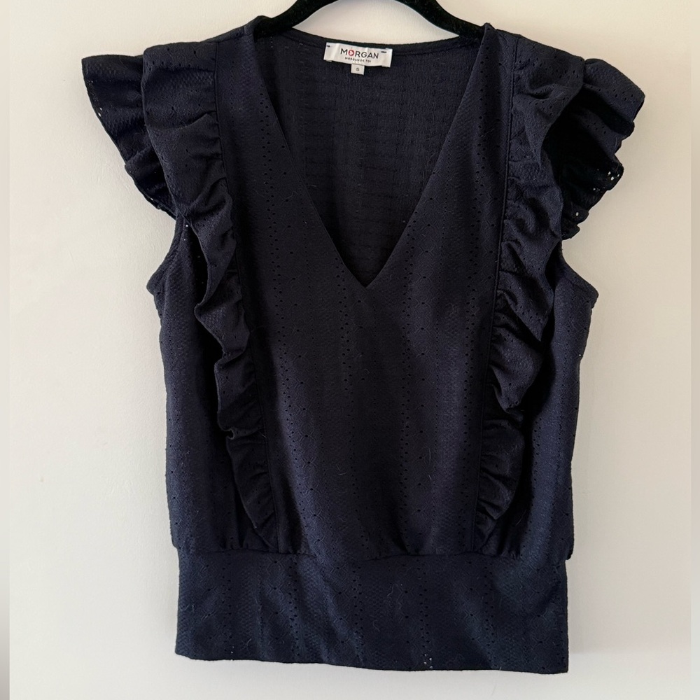 Morgan de Toi Dark Navy Ruffle V Neck Blouse S